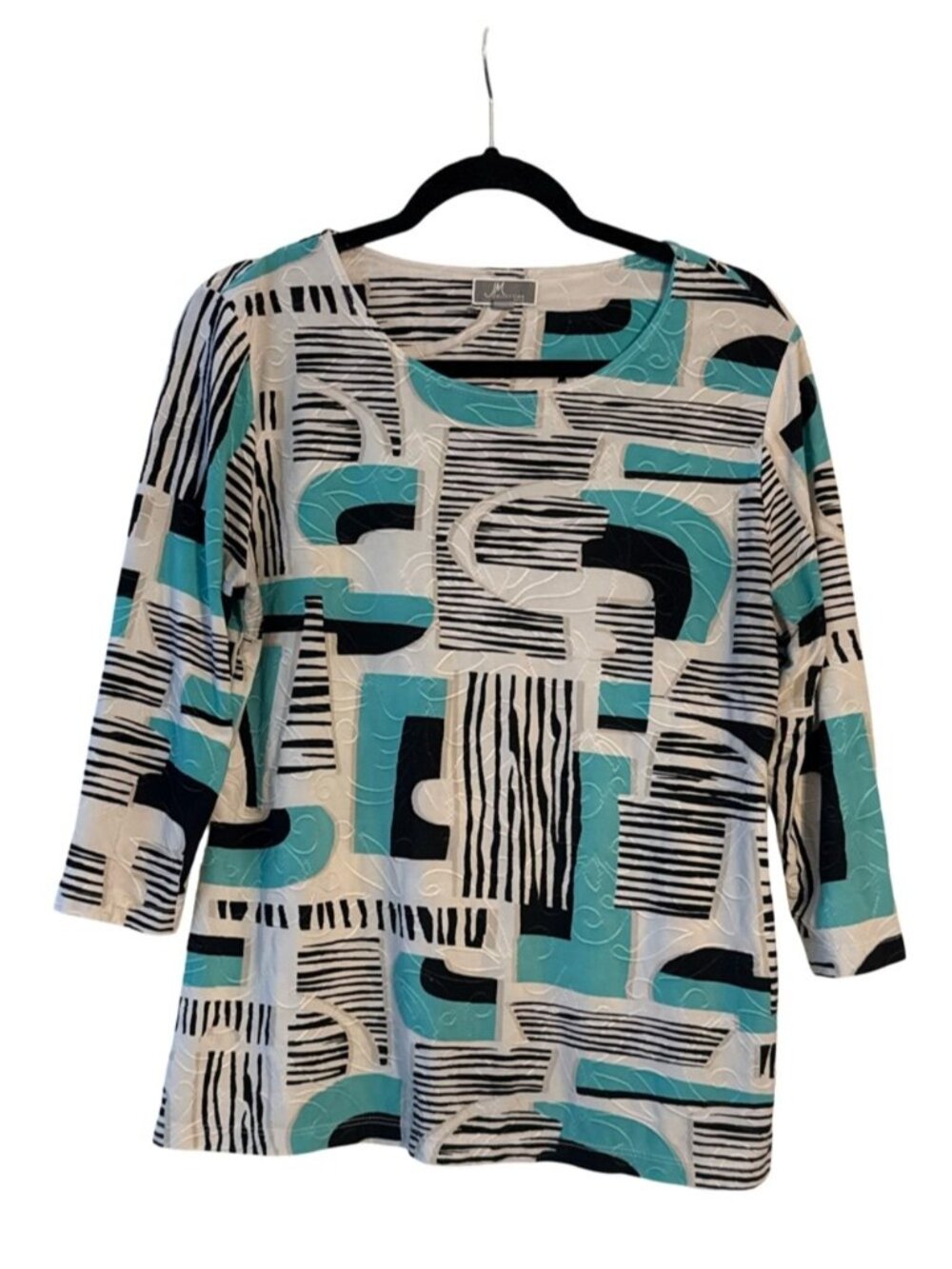 Teal Black White Abstract Geometric Long Sleeve Top